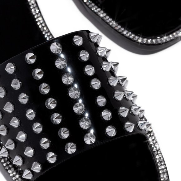 NEW🔥 Silver Spike Studded Rhinestone Trim Open Toe Slide Jelly Flat Sandals - Picture 4 of 5